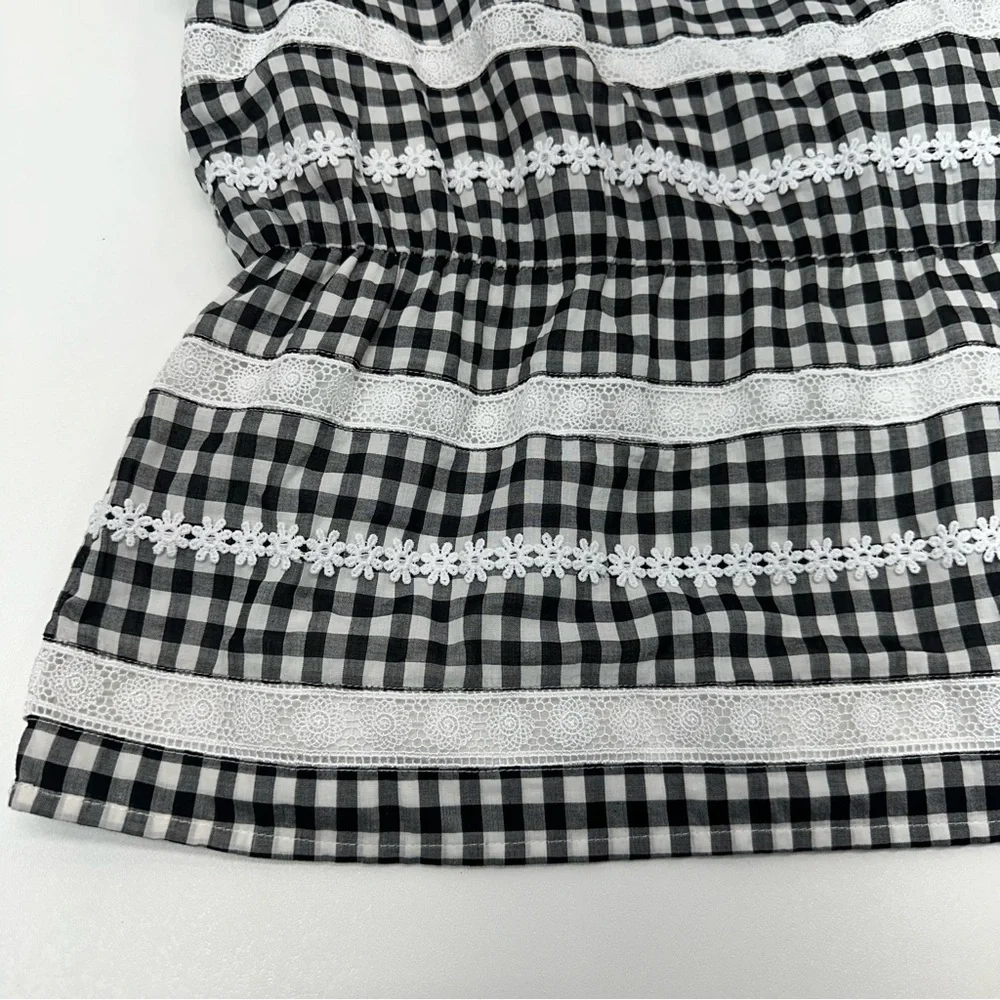 J. Crew Black and White Gingham Smocked Waist Puff Sleeve Blouse
